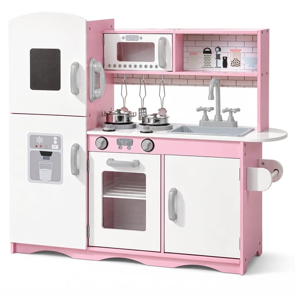 AILEEKISS Kids Play Kitchen Set, Wood Kitchen Playset for Toddler with Accessories, Pink