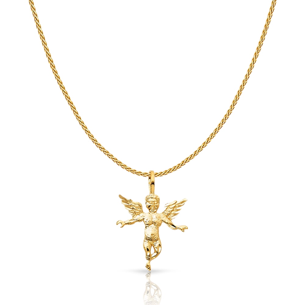 14K Yellow Gold Angel Charm Pendant with 0.9mm Wheat Chain Necklace