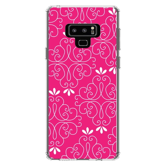 DistinctInk Clear Shockproof Hybrid Case for Samsung Galaxy Note 9 - TPU Bumper, Acrylic Back, Tempered Glass Screen Protector - Neon Pink White Floral