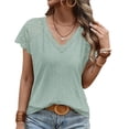 thumbnail image 1 of Blusa de verano con escote en V y ribete de encaje, color verde, transpirable y elegante, de manga corta para mujer, talla XL, 1 of 6
