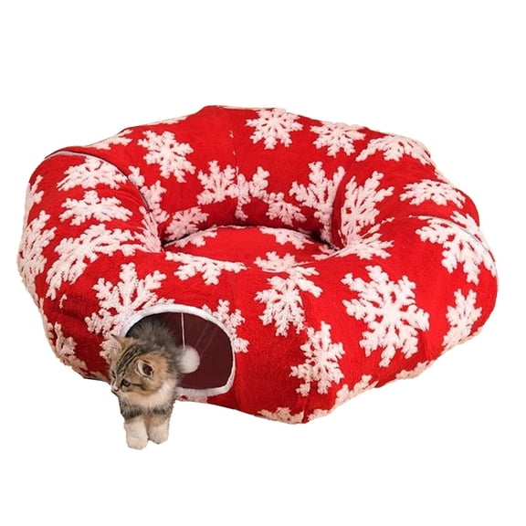 Cat Tunnel Bed for Indoor Cats - Soft Plush Donut Tunnel Bed with Snowflake Pattern & Washable Fabric, Multifunctional Rest Play Bed with Hanging Pom Pom Toy for Cats, Kittens & Small Pets, Red