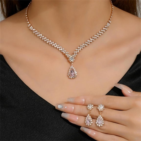 Simple Water Drop Crystal Rhinestone Necklace Earrings For Women Wedding Bride Jewelry Sets Accessories
