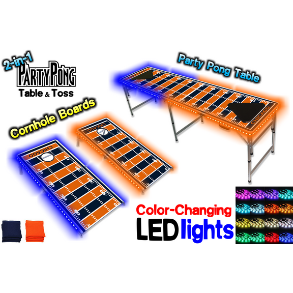 2-in-1 Cornhole Boards & Beer Pong Table w/ Color-Changing LED Glow Lights - Chicago Football Field