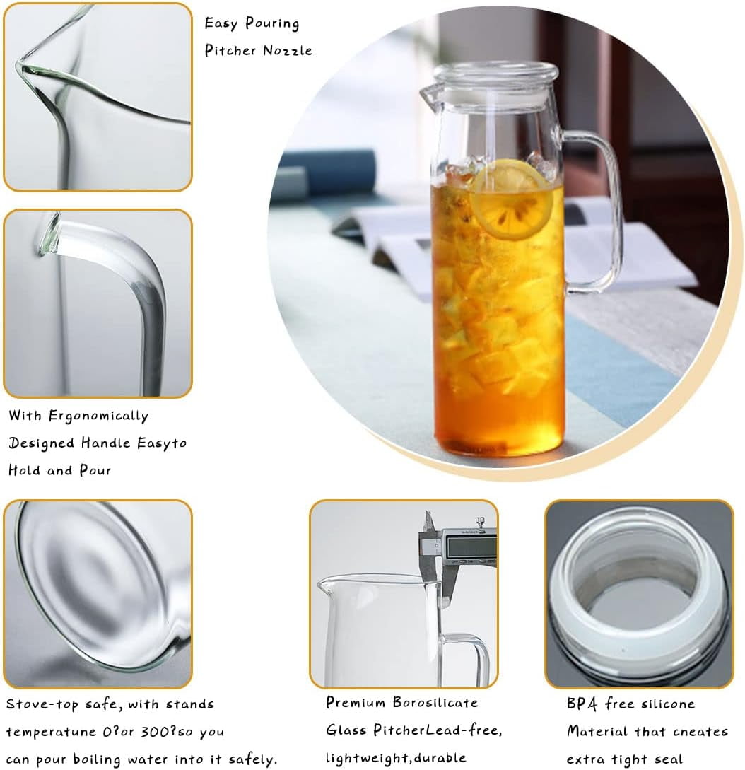BAKOD Glass Pitcher with Lid Glass Water Carafe with Handle, Fridge Water Jug Cold or Hot Beverages, Iced Tea, Milk, Juice 1500ml/51oz & glass lid