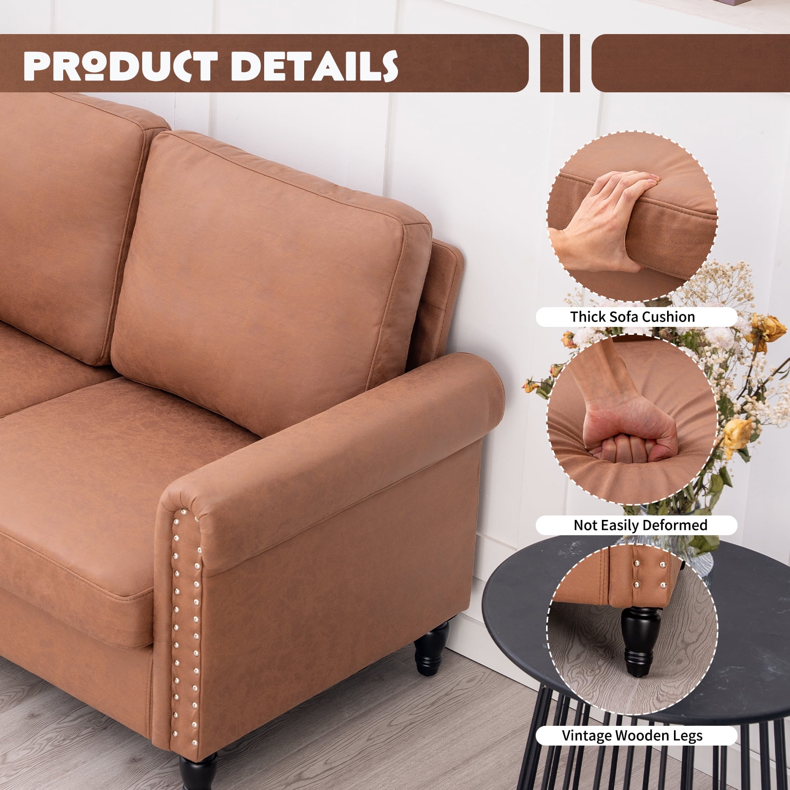 57 Loveseat Sofa,2 Seat Couch with Faux Leather Fabric,Small Couches for Small Spaces with Solid Wood Legs,Comfy Love Seat Sofa for Living Room,Bedroom,Apartment