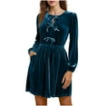 thumbnail image 2 of Women's Long Sleeve Velvet Dress Round Collar Bow Detail Pockets Knee-Length Elegant Casual Temperament Daily Party Fashion Wear Blue M, 2 of 7