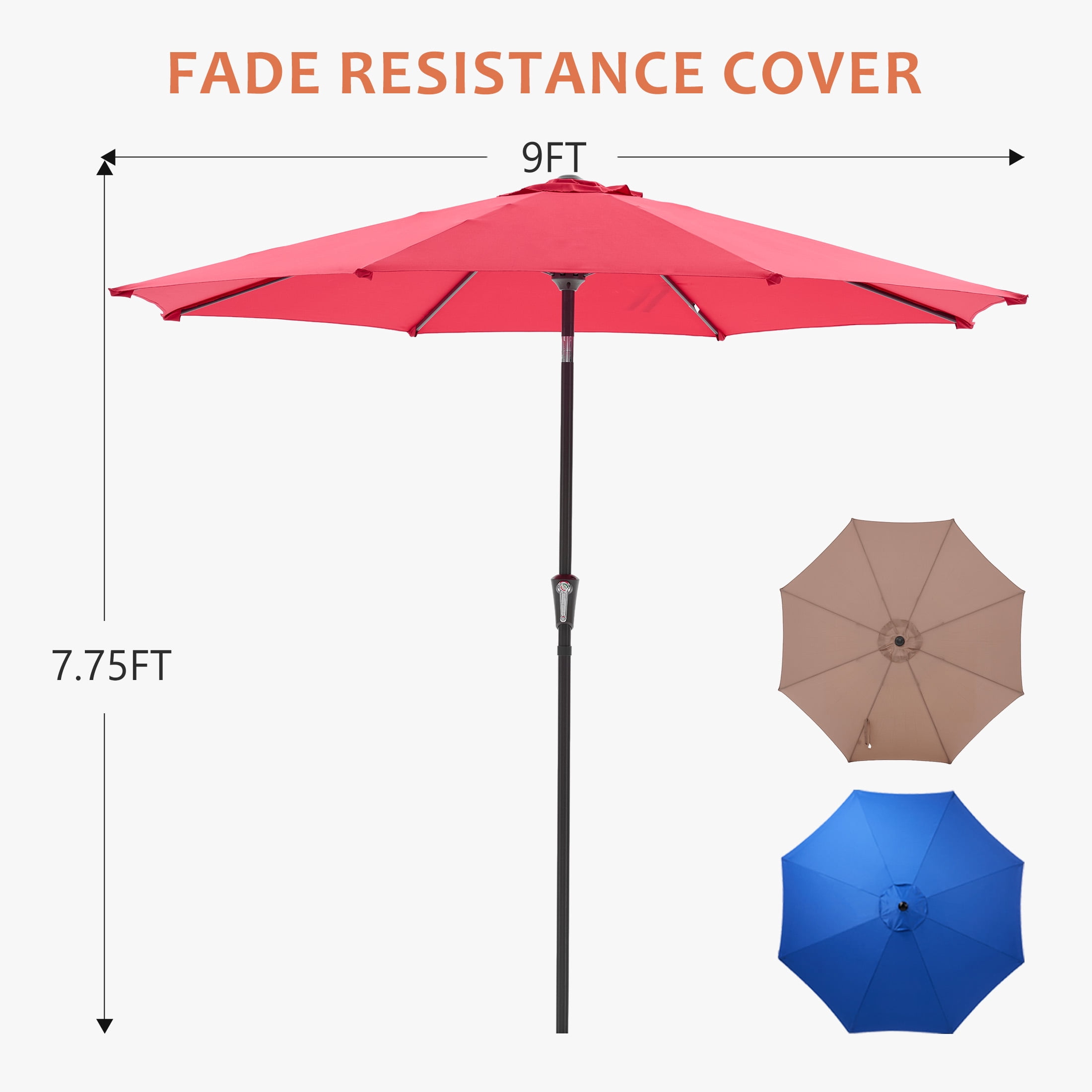SHOUFTW 9 ft Patio Market Umbrella, Outdoor Table Umbrella with Crank Lift and Tilt, Round Sun Shade for Garden, Deck, Backyard, Poolside, Khaki, Red