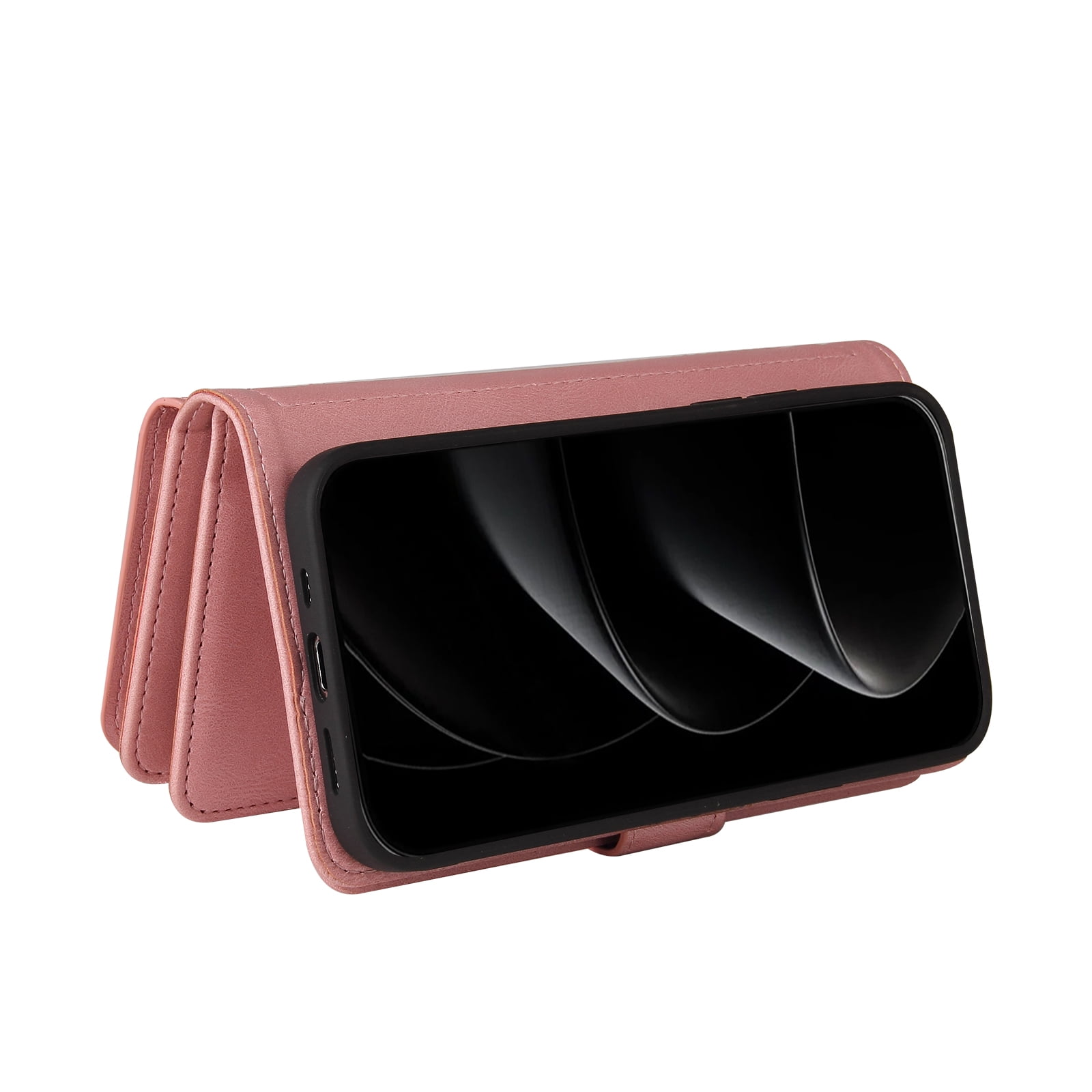 Phone Case for iPhone 17 Pro Max, Wallet Case Luxury Folio Flip Leather Cover [Zipper Pocket] [Wrist Strap] [Kickstand] for iPhone 17 Pro Max, Pink