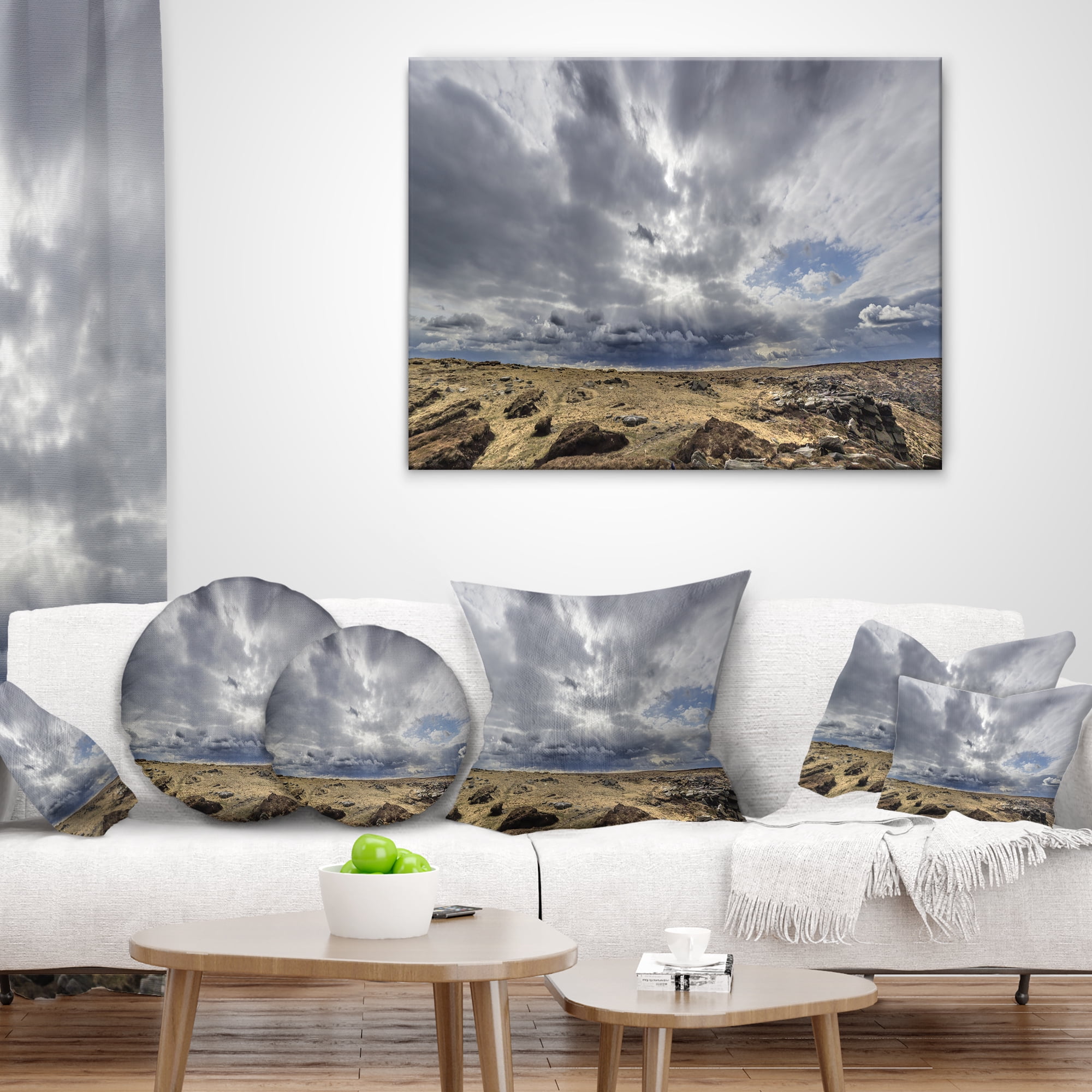 Designart Sky and Stones under Dark Clouds - Landscape Printed Throw Pillow - 16x16