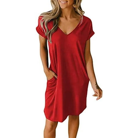 

Singreal Women V-Neck Short Sleeve Summer Dresses 2023 Spring Casual Loose T-Shirt Tunic Short Dress Pajamas with Pockets
