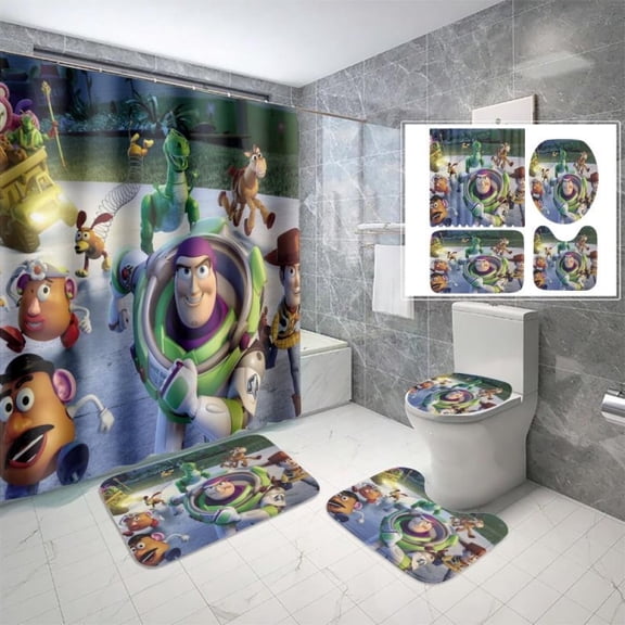 Lheaggik Cartoon Story 4 Pcs Bathroom Sets with Shower Curtain and Rugs, Waterproof Polyester Shower Curtain Sets with Hooks