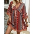 thumbnail image 4 of MORTTIC Women's Boho Print Mini Dress V-Neck 3/4 Sleeve Flowy Casual Summer Beach Sundress, S, 4 of 6