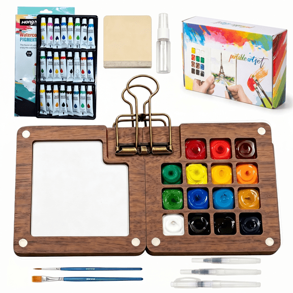 MQUPIN Mini Travel Watercolor Paint Set-Portable Paint Kit with Paints, Brush, Sketchbook & Copper Clip | For Beginners, Professional Artists & Painting Enthusiasts.