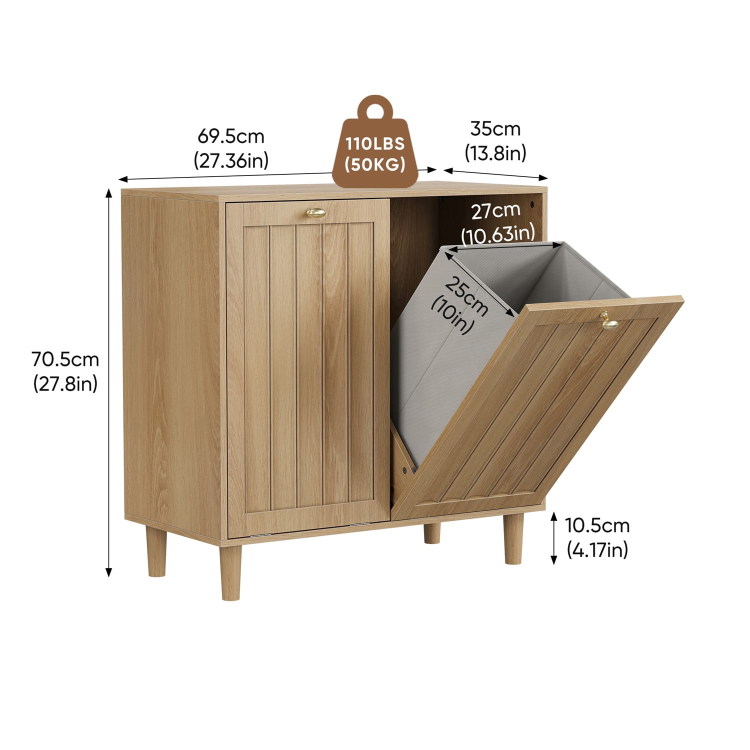 Hommoo Bathroom Laundry Storage Cabinet, Sloping Laundry Basket with Removable Inner Basket, Freestanding Household Storage Rack, Oak
