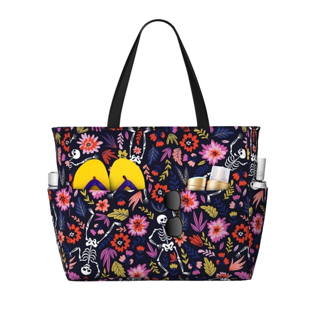 Disketp Dancing Skeletons Floral Garden Bolsa de Playa de Gran Capacidad, Bolso Impermeable y a Prueba de Arena para Mujer, Ideal para Playa, Piscina y Natación