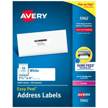 UPC: 0072782059620 | Avery Easy Peel Address Labels  Sure Feed Technology  Permanent Adhesive  1-1/3  x 4   3 500 Labels (5962)