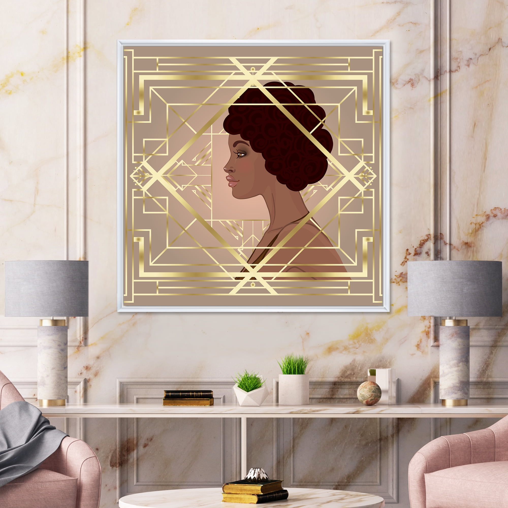 Designart 'Retro Girl In Golden Art Deco Geometrics II' Modern Framed Canvas Wall Art Print