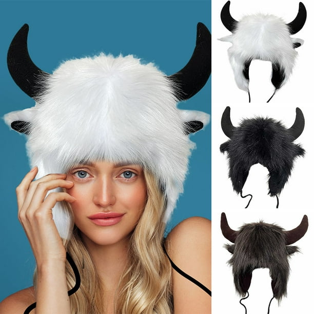 Hontri Beanie on Sale, Hat with Horns Furry Earmuffs Winter Hat