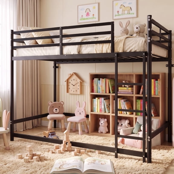 Dolonm Twin over Twin Loft Bunk Bed, Elevated Metal Loft Bed with Ladder, Safety High Guardrail and Under Storage Space, Noise Free, Black