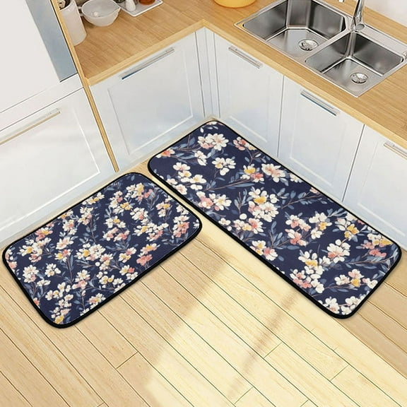 Small Flower on Navy Blue Background Kitchen Mat Set of 2 Cushioned Non Slip Rugs for Bedroom Floor Runner Mats