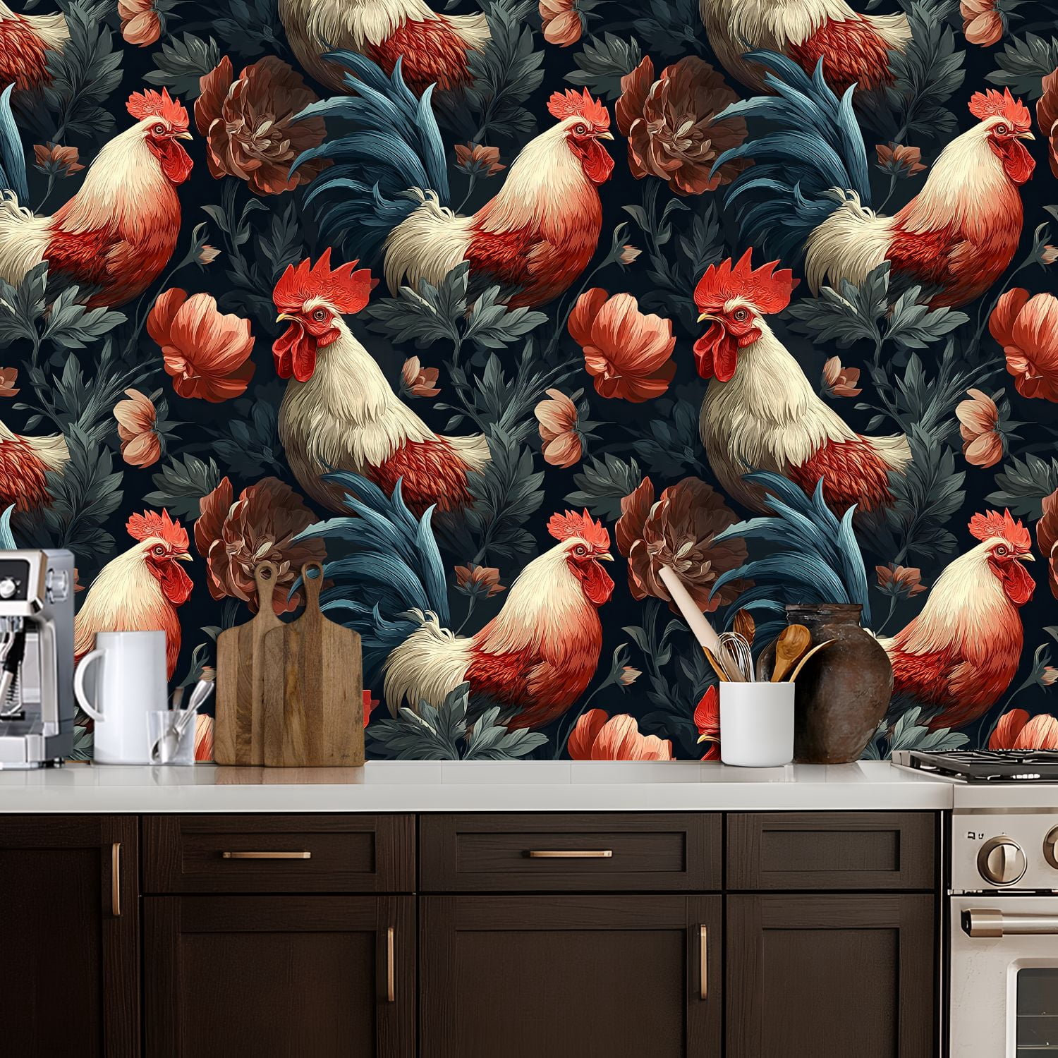 Chicken Peel and Stick Wallpaper Roosters Floral Vintage Botanical Style Wall Mural 17.7in x 9.8ft Self Adhesive Removable Wall Paper Renter Friendly Wallpaper for Nursery Bedroom Cabinets