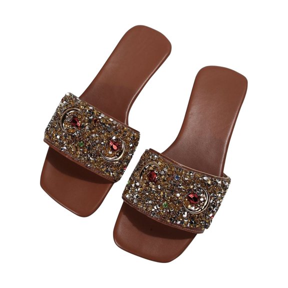 LoyisViDion Flat Sandals for Women Rhinestone Metal Embellishment Glamorous Flat Sandals Brown 9.5(43)