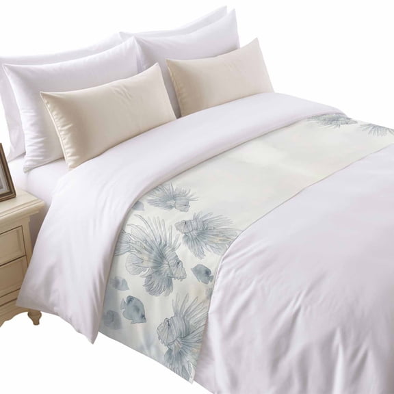 Lionfish Bed Runner for King Size Bed, Watercolor Gradient Grey Blue Fishes Beige Texture Soft Bedding Scarf Bedding Protector Slipcover Sofa Throw for Bedroom Hotel Guesthouse