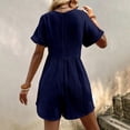 thumbnail image 6 of Women's V Neck Cotton Linen Jumpsuit with Pocket, Short Sleeve Back Zipper Romper, Casual Summer Jumpsuit for Beach Vacation, Streetwear and Daily Wear-Navy, 6 of 9