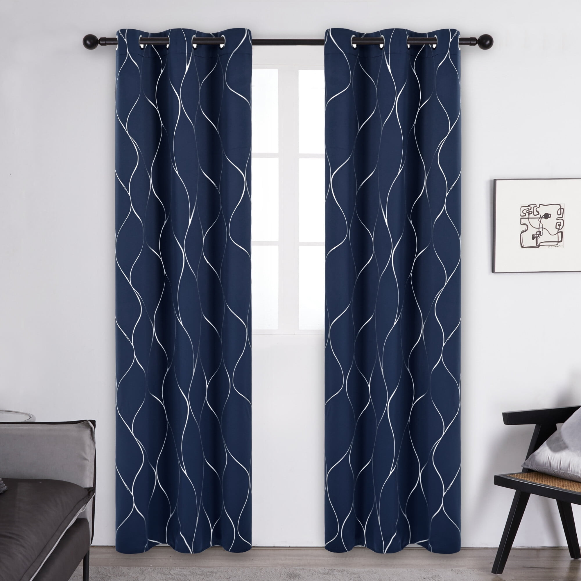 Deconovo Silver Wave Foil Print Blackout Curtains Grommet Light