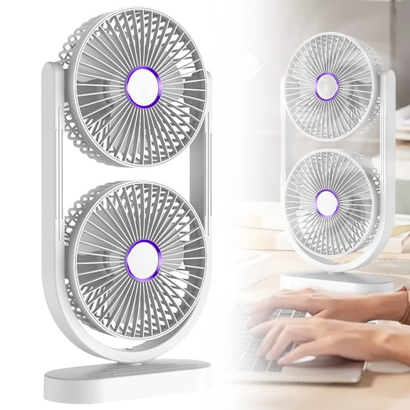 USB Desk Fan Tower Fan Portable Oscillating Fan, Rotation Dual Head Circulation Fan with 5 Speed Adjustable Quiet Motor, Rechargeable Type-C Table Fan for Bedroom Dorm Room Office Desktop Home, A
