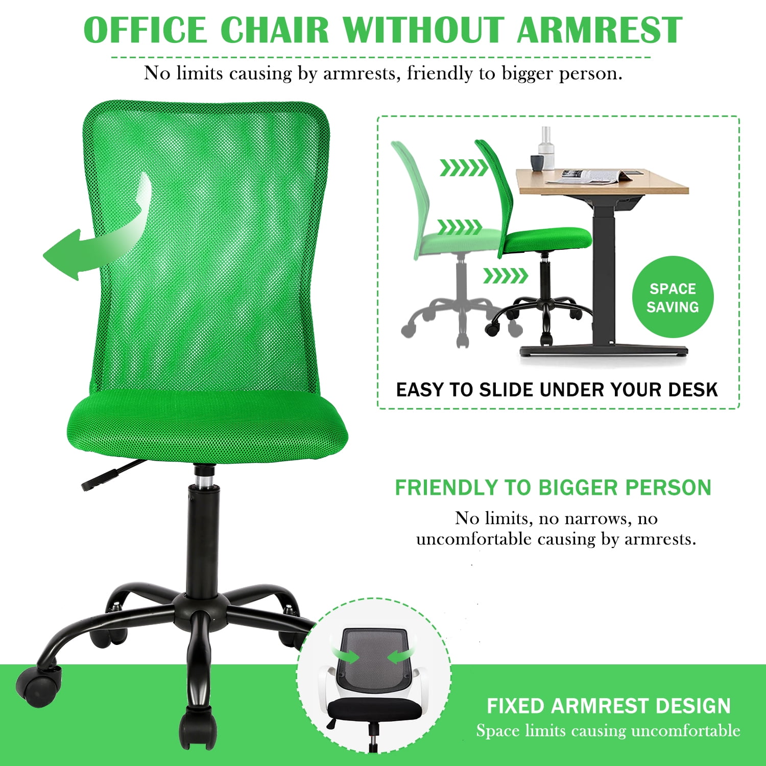 NiamVelo Mesh Office Chair Adjustable Ergonomic Mid Back Computer Desk Chair with Lumbar Support, Armless Rolling Task Chair, Green