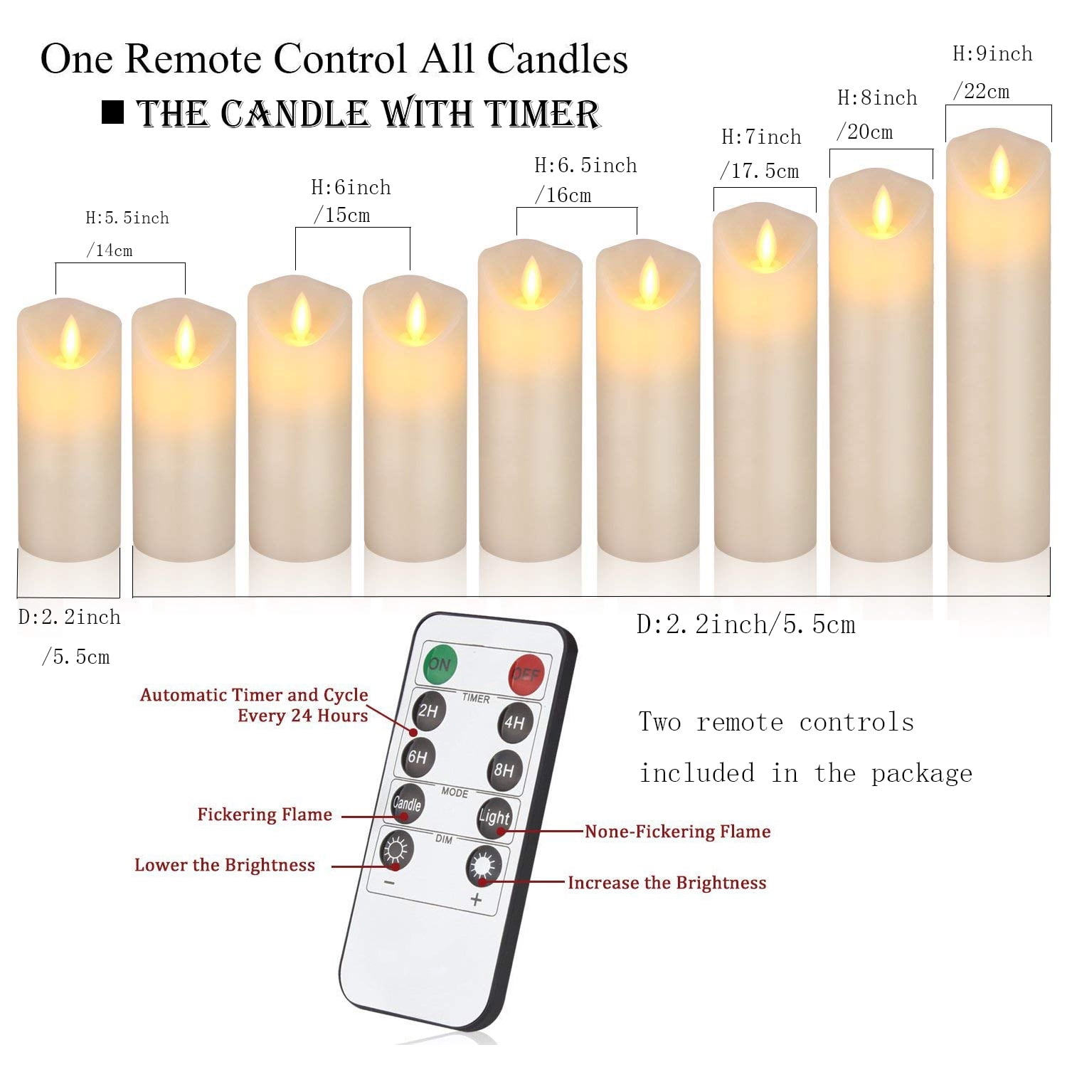 Flameless Flickering Battery Operated Candles 4" 5" 6" 7" 8" 9" Set of 9 Ivory Real Wax Pillar LED Candles with 10-Key Remote and Cycling 24 Hours Timer (Ivory)