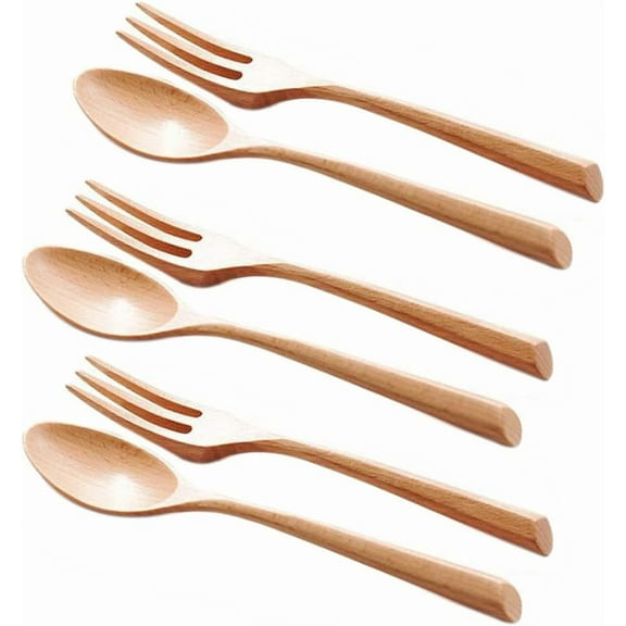 Kiibsot 6Pcs Wood Soup Spoons And Forks Sets, Natural Wood Eating Utensils Wooden Flatware Set, Eco Friendly Wood Cutlery Wooden Dinner Fork And Spoon, 3 Spoons & 3 Forks