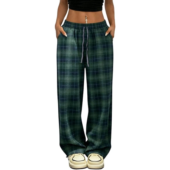 FRSASU Women's Casual Loose Plaid Printed Wide Leg Pants High Waist Straight Leg Gingham Trousers with Pockets Green L(L)