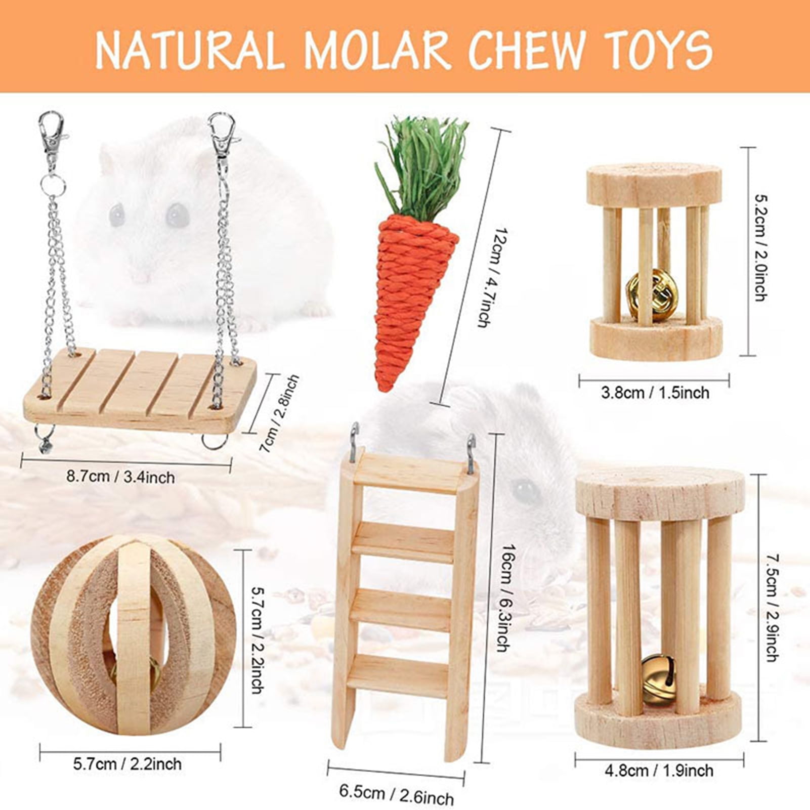 DOPI 6Pcs Hamster Chew Toys Multiple Types Exercise Training Natural Wood Small Pet Ladder Swing Toy Set for Rabbit