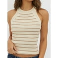 thumbnail image 2 of Halter Tank Tops for Women Summer Striped Stretchy Ribbed Knit - Shirts Slim Fitting Pale Pinkish Gray M, 2 of 6