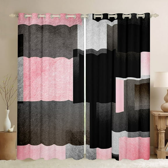 Feelyou Geometric Anstract Black Out Curtains for Adult, Pink Grey Square Curtains Pack of 2 (42x63 Each), Modern Fashion Bedroom Curtains, Black Out Curtains Decor