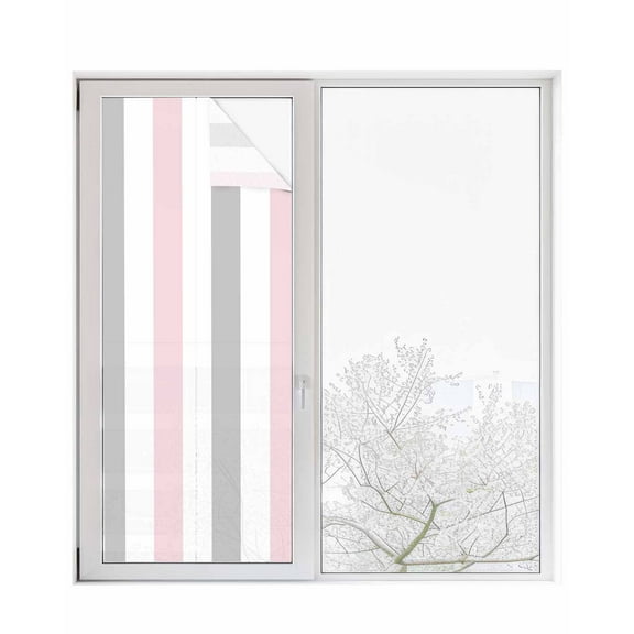 Window Privacy Film Pink Grey Striped Stained Glass Window Film Decorative Sun Block Window Cover Geometric Vertical Stripes Minimalist Window Clings Static Adhesive Sticker for Bathroom 29.5"x78.7"