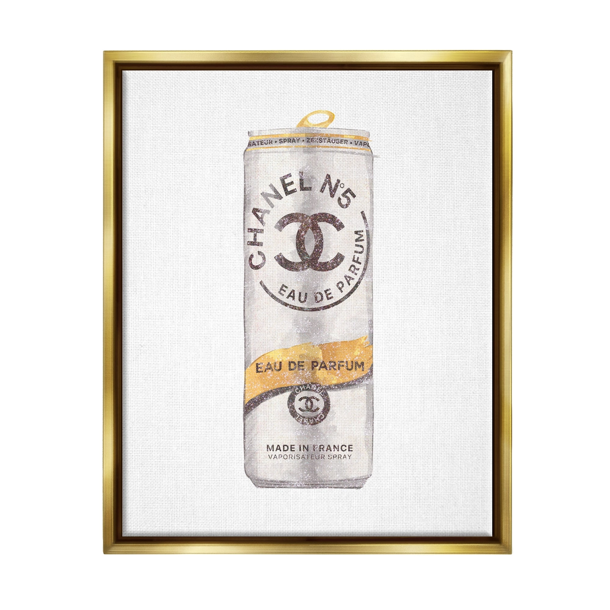 Stupell Industries Fashion Emblem Glam Perfume Beverage Can Style Metallic Gold Framed Floating Canvas Wall Art, 24x30, by Ziwei Li