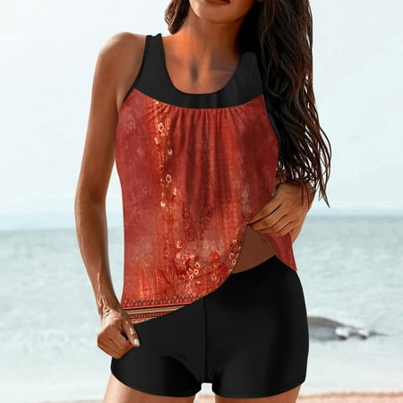 Maqroz Women s Tankini Suits 2025 Tummy Control Swimsuit Two Piece Graphic Bathing Suit Tank Top with High Waisted Boyshorts Modest Swimwear for Women Plus Size Swimsuit Cover Up On Clearance