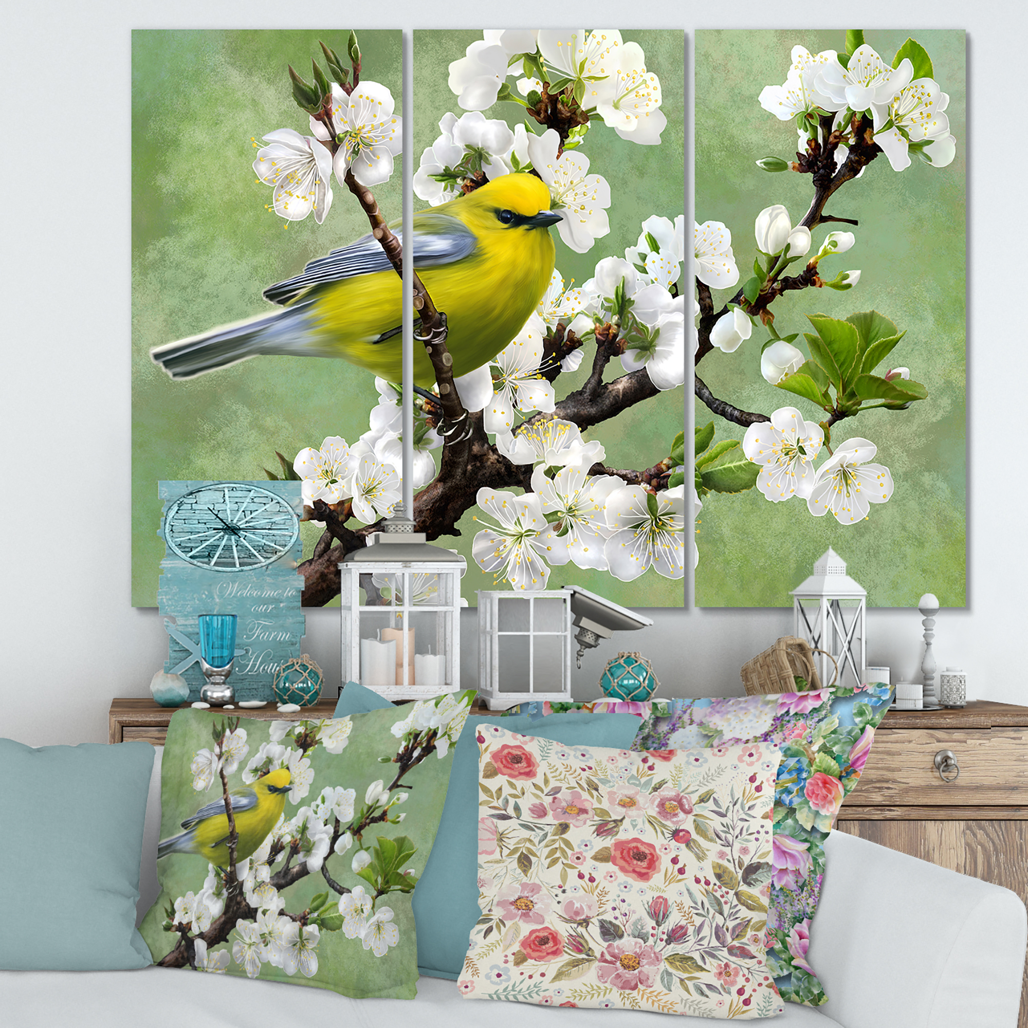 Designart ' Bird Sitting On A Branch of Cherry ' Traditional Canvas Wall Art Print
