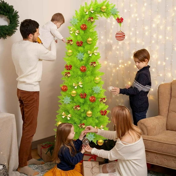 XMMSWDLA 3FT Whimsical Pre-Lit Christmas Tree - Curved Top Artificial Pencil Xmas Tree with Lights, Green Indoor Holiday Decor for Home, Cafe & Shop