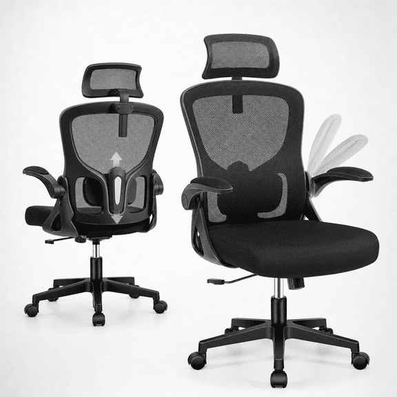 ATHOPE Office Chair, Ergonomic Desk Chairs 300LBS Capacity High Back Mesh Computer Chair with Flip-up Armrests, Comfy Work Chair with Adjustable Lumbar Support Headrest for Home Office, Black