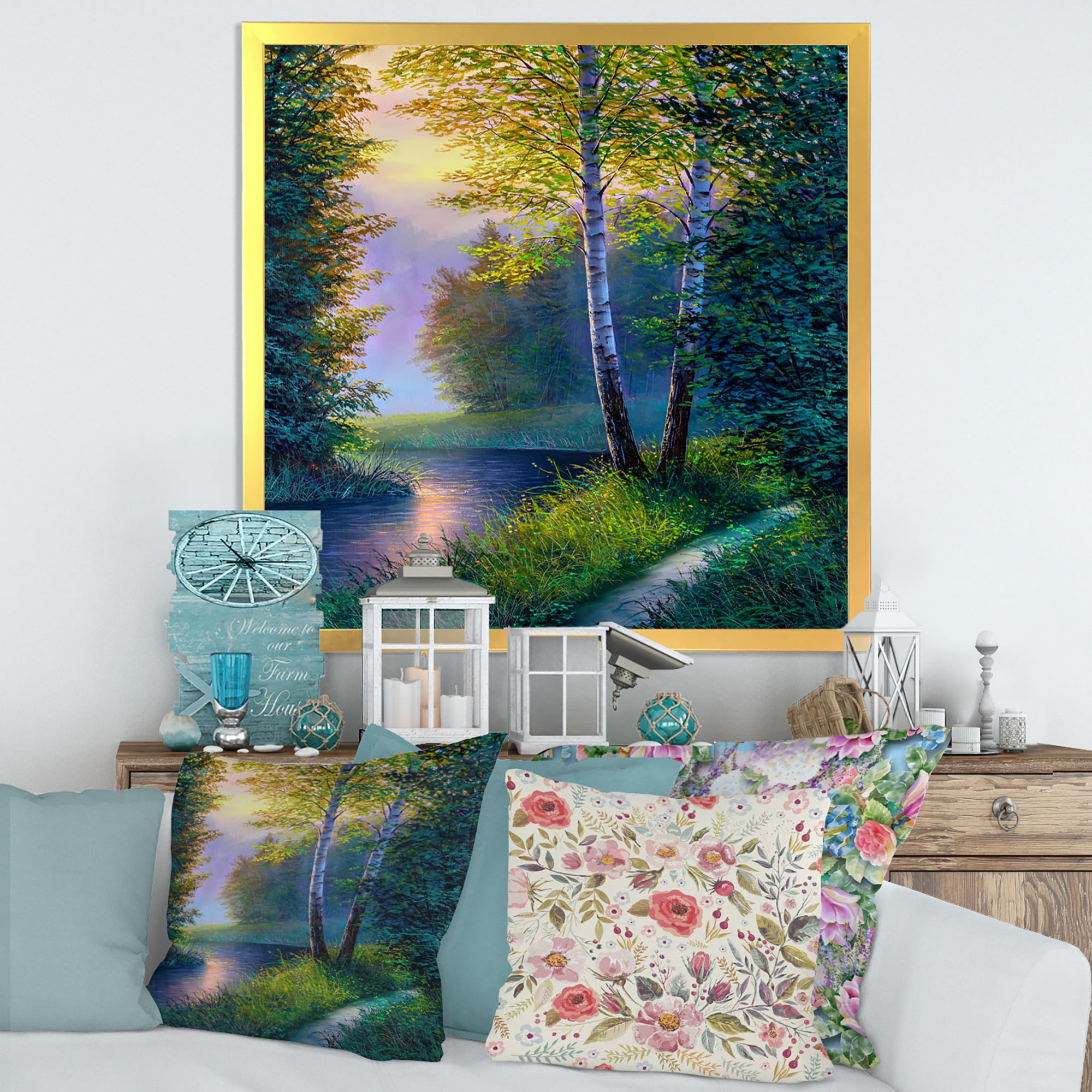 Designart 'Sunrise Glow Through The Birch Forest' Lake House Framed Art Print
