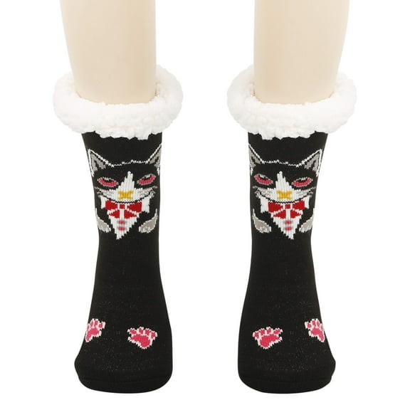 CUZIBR Funny Socks Fuzzy Slipper Socks Thick Warm Plush Lined Cute Animal Pattern Winter Thermal Non- Booties Stocking Casual Breathable Socks,Black,One Size