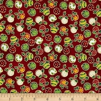 Fabri-Quilt Seasons Greetings Ornaments Red 100% Cotton Fabric sold by the yard