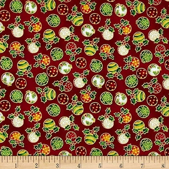 Fabri-Quilt Seasons Greetings Ornaments Red 100% Cotton Fabric sold by the yard