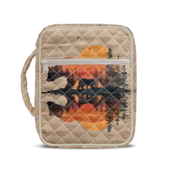 Xixirimido Quilted Bible Cover Bible Case for Women, Large Bible Carrying Case with Handle, Bible Study Supplies & Christian Gift for Men, Bear Forest Sunset Glow Pattern