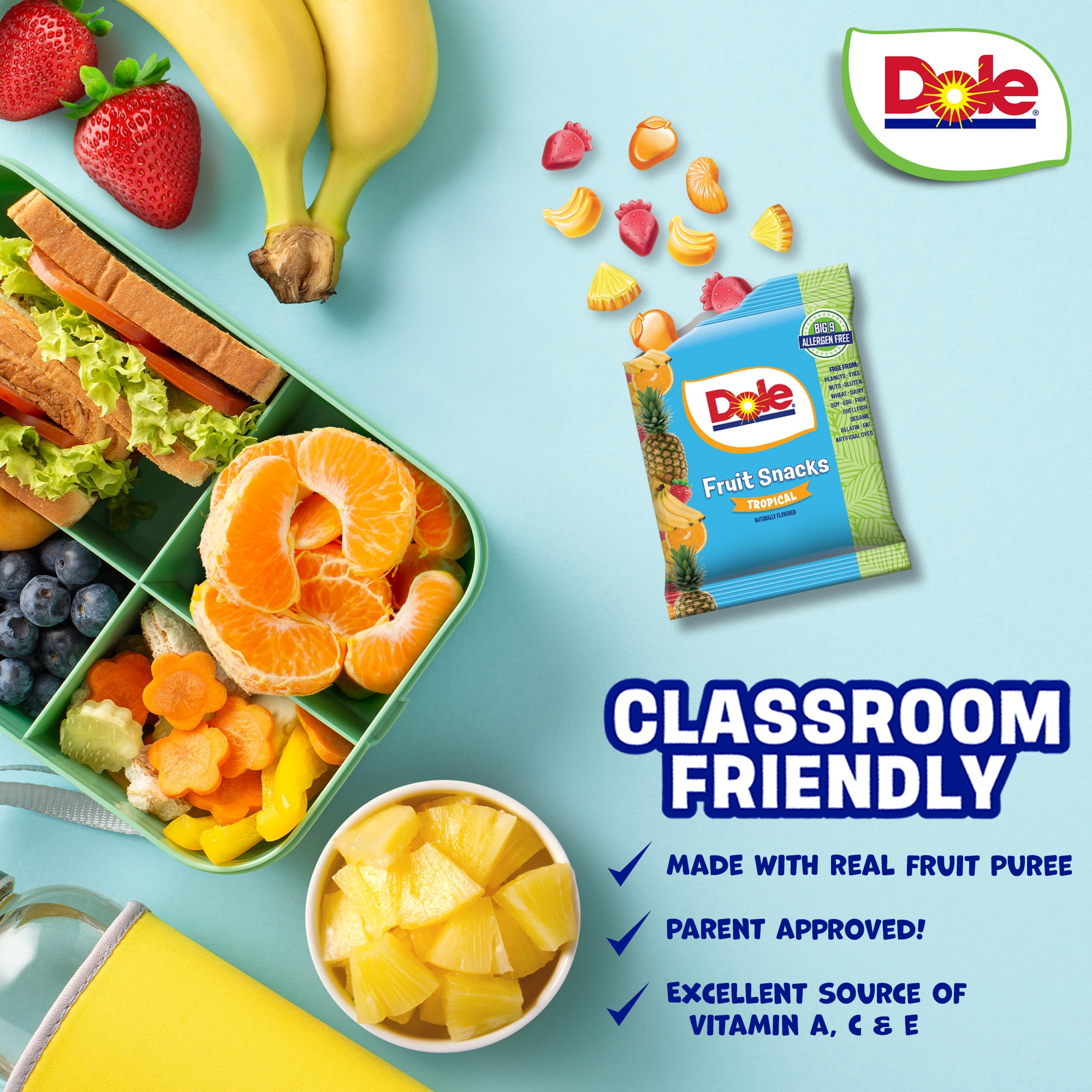 Dole Fruit Snacks, Mixed Berries Flavored, Big 9 Allergen Free, Dye Free, Gluten Free, Gelatin Free, Lunch Snacks 22 Count
