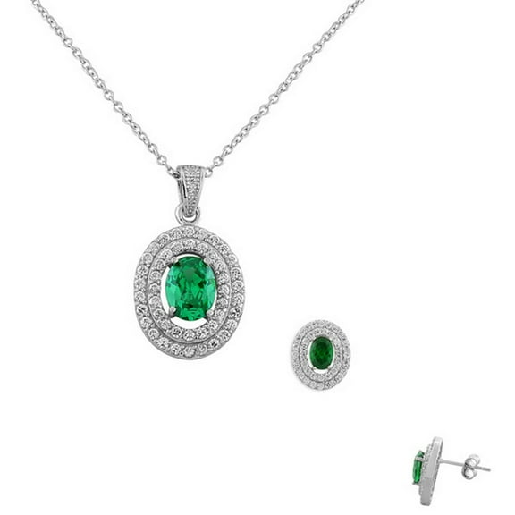 925 Sterling Silver Green-Tone White CZ Oval Charm Pendant Necklace Stud Earrings Set